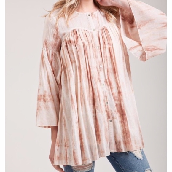 Blu Pepper Brown Tie Dye Bell Sleeve Button Front Tunic Small - Picture 2 of 5